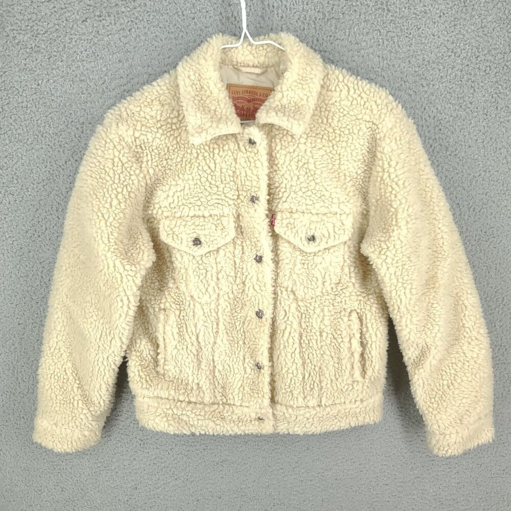Levis Jacket Womens Xs Sherpa Snap Up Cream White Pockets